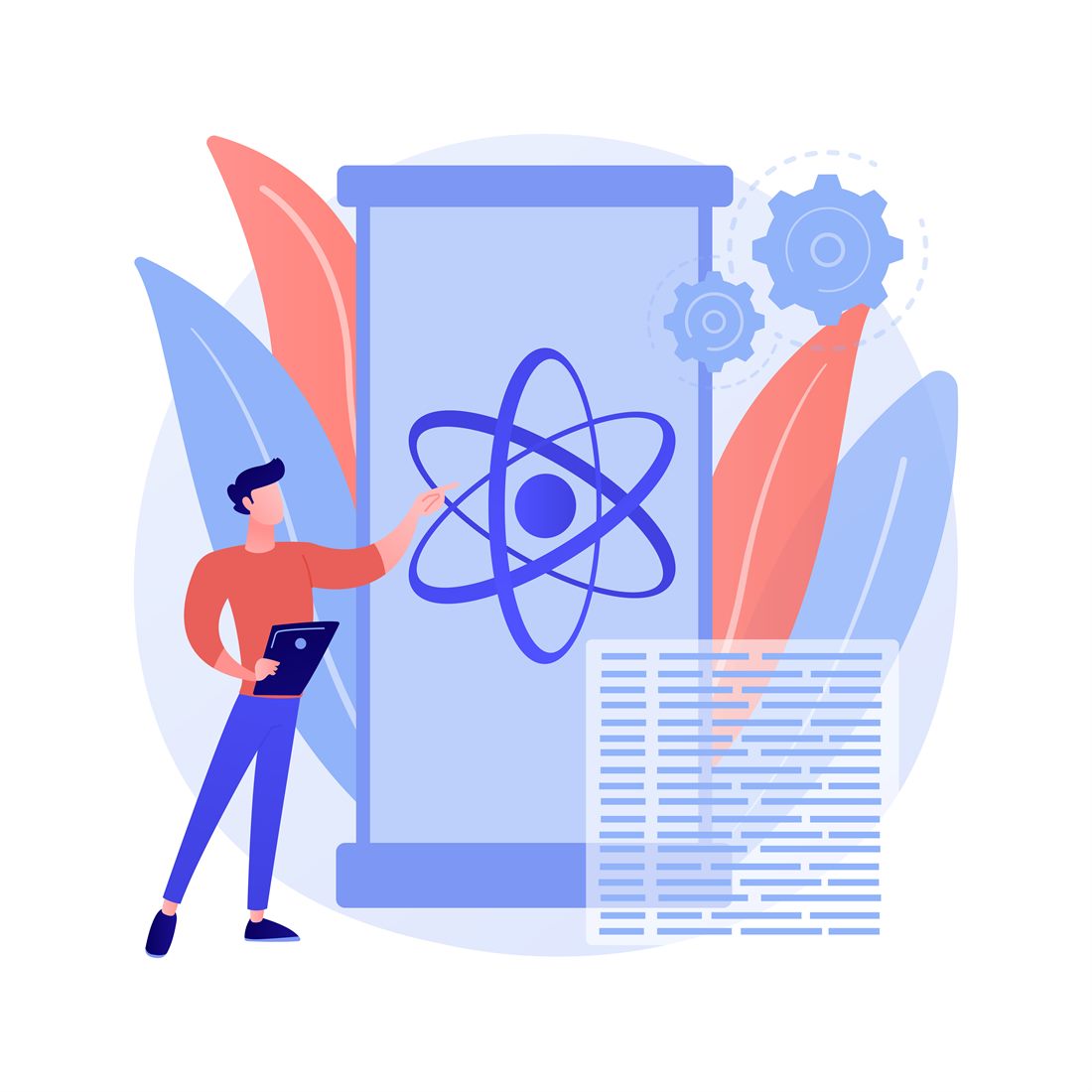 Illustration of a researcher presenting an atom diagram beside a reactor column and gears